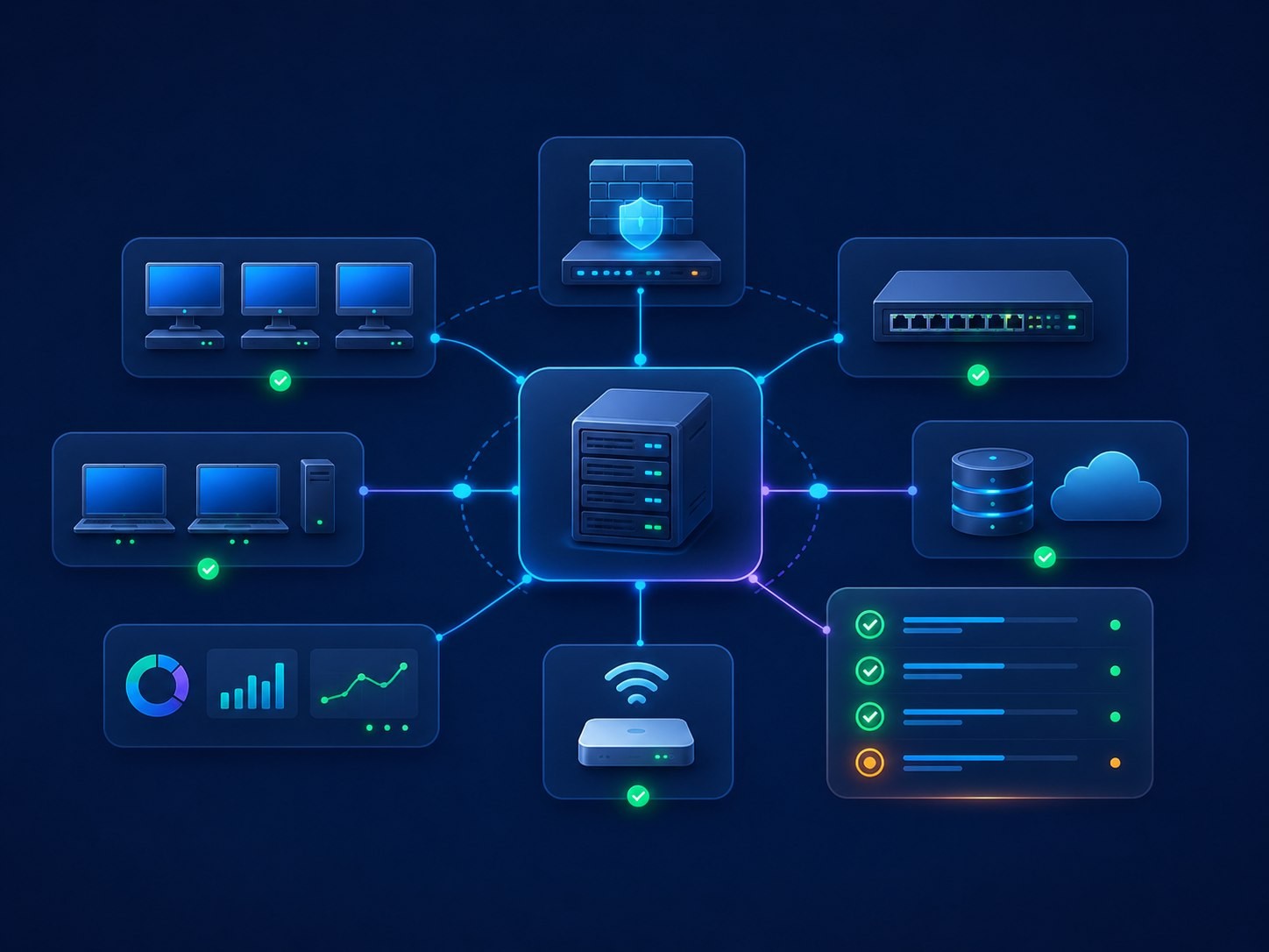 Managed IT operations map showing computers, firewall, switch, server, WiFi, backup and monitoring